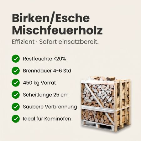 Halbe palette kammergetrocknetes gespalten Birken/Esche Brennholz mischfeuerholz 25cm