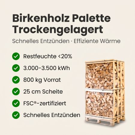 Palette kammergetrocknetes gespalten Birken Brennholz 25cm